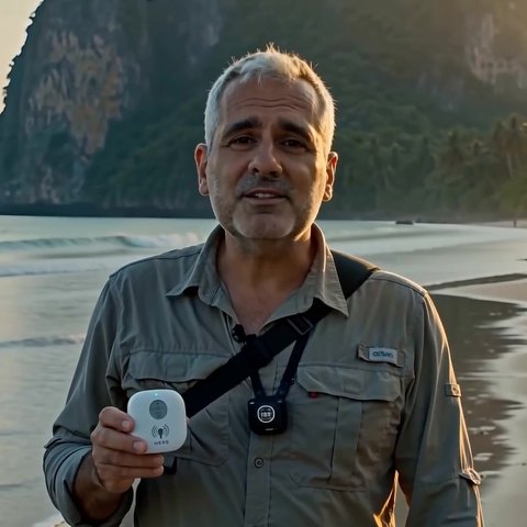 Artem Podelenko on an Andaman beach holding the HERD sensor